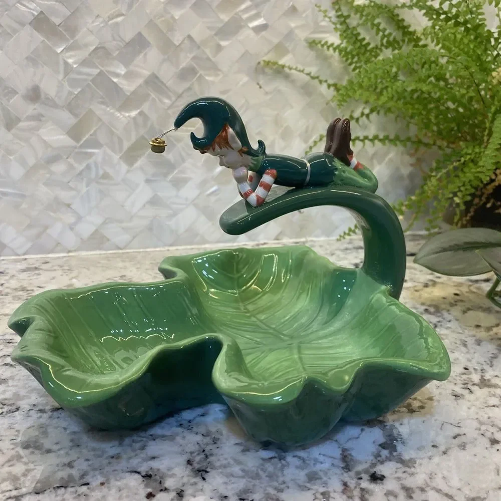 Department 56 Elf pixie Candy‎ Dish Green Clover Christmas St Patrick's Ceramic